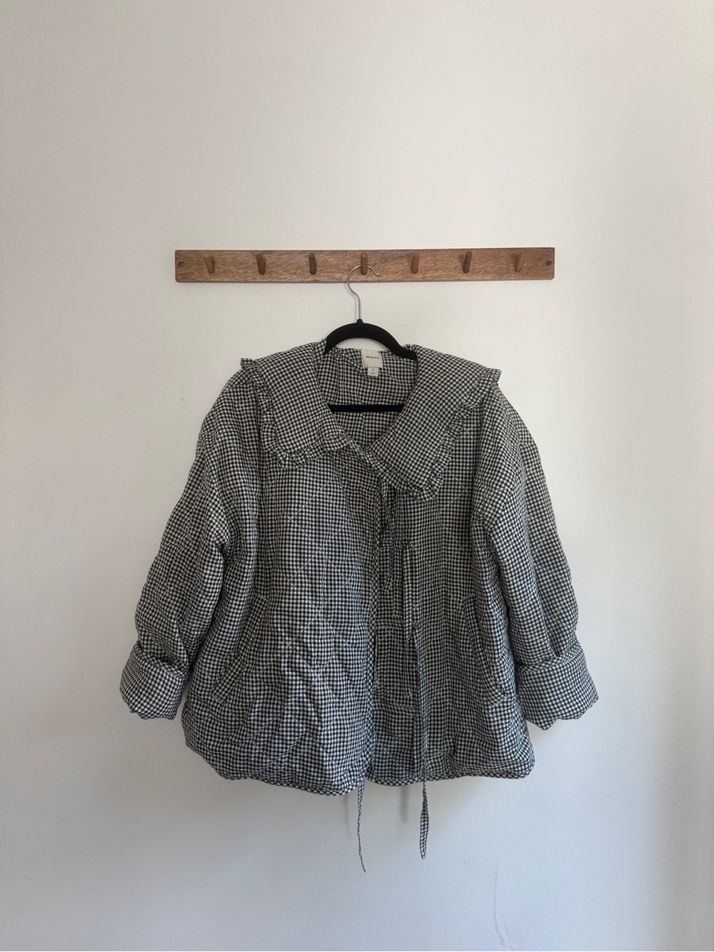 Maeve Black and White Checked Puff Jacket with Ruffle Collar